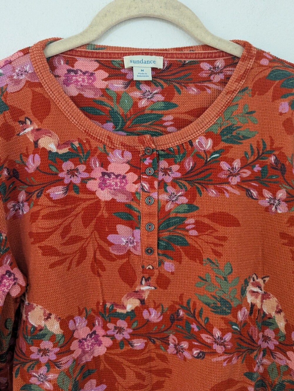 Sundance Mountain Foxes Waffle Knit Henley Long Sleeve Top Floral Orange Medium - Picture 2 of 8